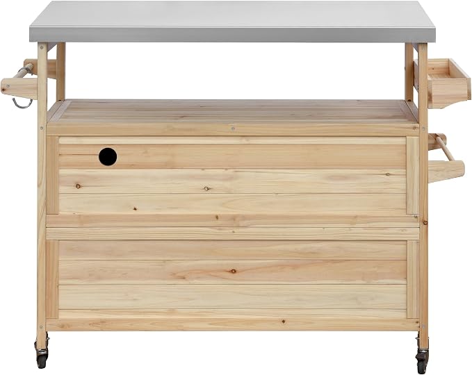 Outdoor Grill Table Bar Cart with Stainless Steel Top, Farmhouse Solid Wood Outdoor Kitchen Island with Spice Rack and Towel Rack, Rolling Island Cart for Kitchen, BBQ, Garden, Patio, Natural
