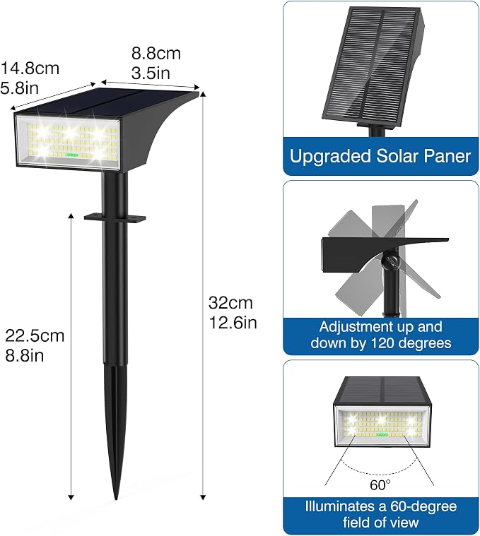 Solar Spot Lights Outdoor with 4-Level Power Display, 2 Pack Cool White | IP65 Waterproof, 4 Modes Auto On/Off,2-in-1 Mount, for Yard Garden Pathway Walkway Tree Patio Driveway