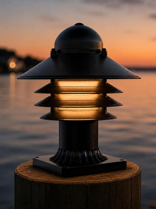 Nautical Pier Mount Outdoor Lighting - Salt-Air Tough Rust-Proof Non-Metallic Coastal Lamps - UL Listed Dock Lights - Patio Fence Deck Porch Lights Outdoor - USA Made, Short, Decorated, Black | Anti-Rust Outdoor Coastal Fixture for Pathways & Walkways,...