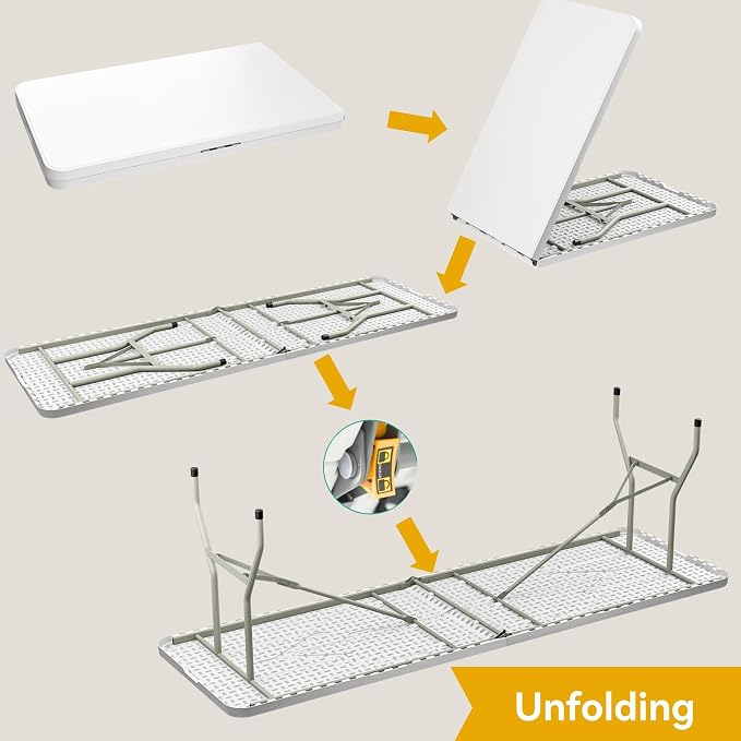 DWVO 8FT Folding Tables, Heavy Duty 8ft White Folding Table with Carrying Handle, Portable Plastic Fold in Half Table for Outdoor Camping Picnic Parties Indoor Events, White