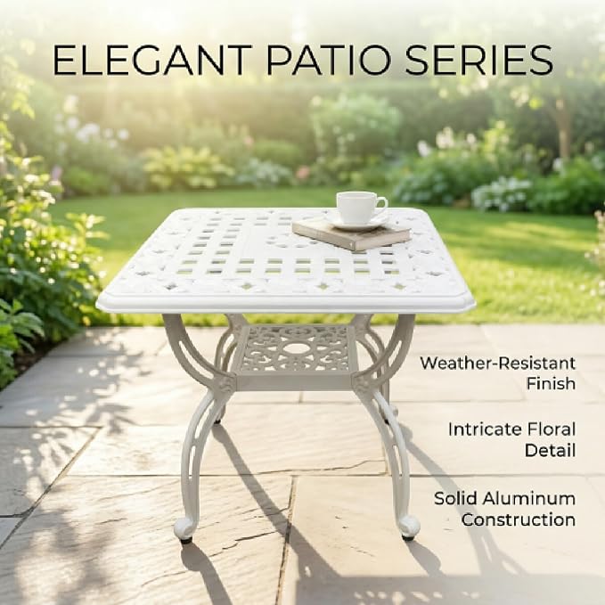 Square Outdoor Coffee Table Set of 2, Cast Aluminum Side Table with Storage,Indoor End Table, All-Weather Bistro Table for Patio Garden Lawn, White