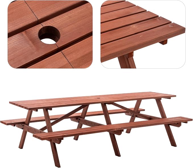 95" Outdoor Wooden Picnic Table with Benches, Dining Table Set with 2-Inch Umbrella Hole, One-Piece Wood Picnic Table for Backyard Garden Patio Party Gathering