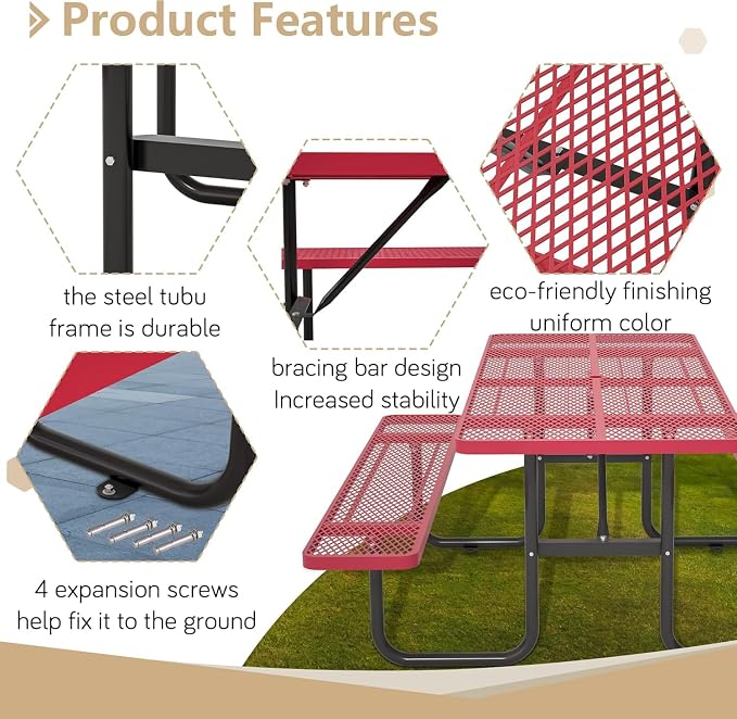 Coated Steel Heavy Duty Picnic Table for Outdoors 2200 lbs Load, Rectangular Camping Table with 1.78" Umbrella Hole, Commercial Picnic Table with Benches, Red