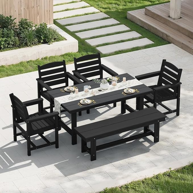 KINGYES 6-Piece Patio Dining Set, HDPE Outdoor Table and Chairs with Bench, Black