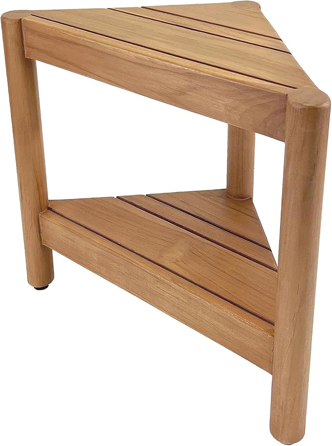Asta Select Solid Teak Corner Shower Stool, Poratble Teak Wood Spa/Shower/Indoor/Outdoor Stool with Storage Shelf, Teak Wood Shower Corner Table, Teak Accent Table, Fully Assembled, ST-51
