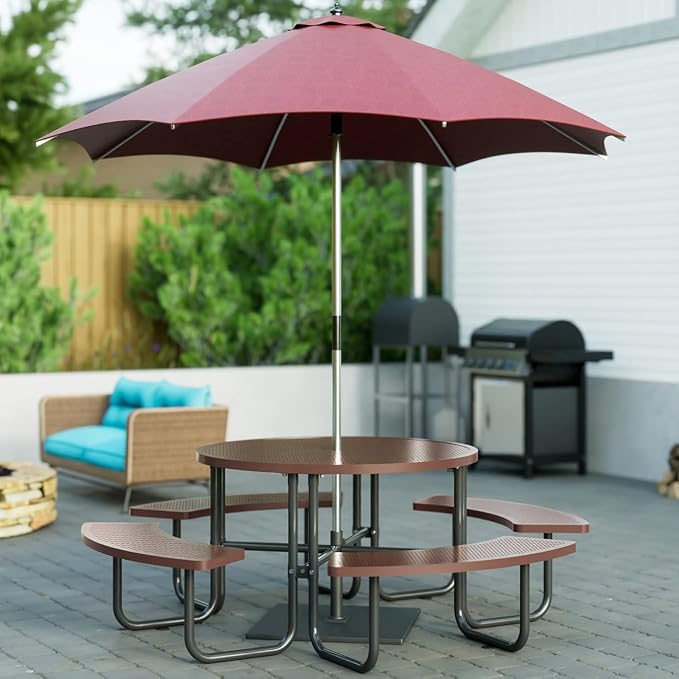 Coated Steel Heavy Duty Picnic Table for Outdoors 3200 lbs Load, Round Camping Table with 1.78" Umbrella Hole, Commercial Picnic Table with Benches, Brown