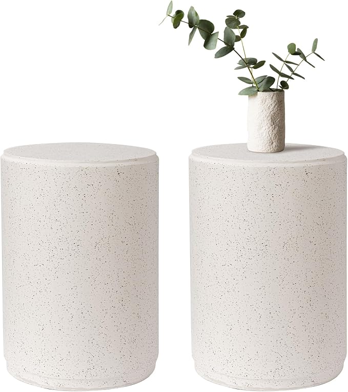 HOMPUS Outdoor Side Table Round, Concrete Lightweight MgO End Table, Patio Accent Coffee Table Garden Tool for Patio, Porch and Deck, Spotted White
