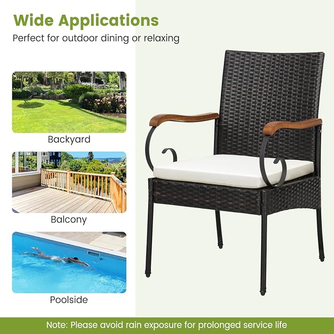 Tangkula 7PCS Patio Rattan Dining Set, Outdoor Wicker Chair & Dining Table Set, Acacia Wood Tabletop & Armrests, 2” Umbrella Hole, Seat Cushions Included, Backyard