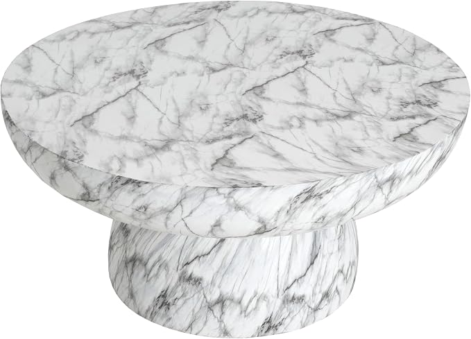 27.5" Round Outdoor Coffee Table Modern Faux Stone Coffee Table for Outdoor Circle Marble Center Tables with Pedestal Accent Tables for Patio Garden Backyard Balcony Weather Resistant, MgO