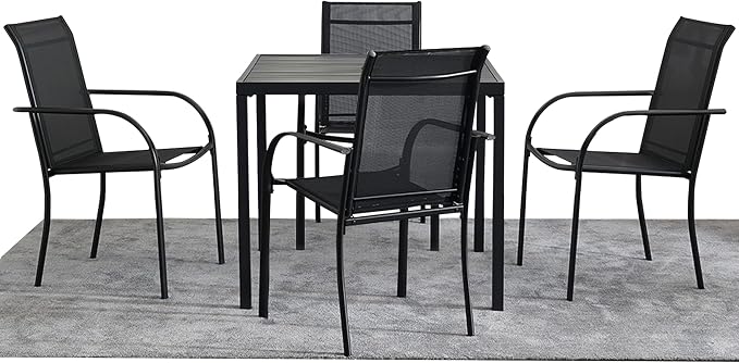 5-Piece Outdoor Dining Set, 35.5" Square Metal Patio Table with Black Chairs, Black Table with Umbrella Hole for Garden, Yard, Patio