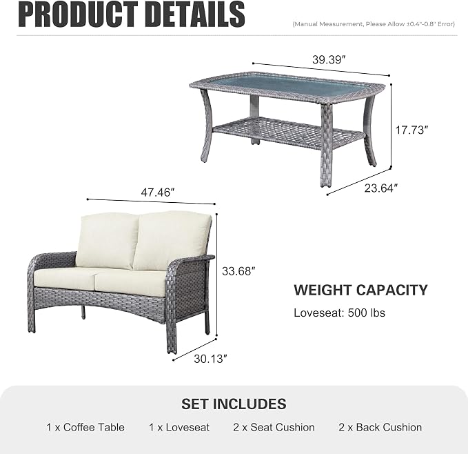 HOOOWOOO Patio Furniture Set,Outdoor High Back Loveseat Set,All Weather Wicker 2-Seater-Sofa Love Seat with Table,Beige