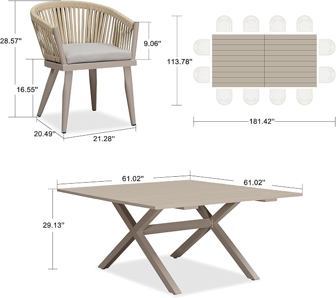 PURPLE LEAF 13 Pieces Oversized Outdoor Dining Set with Patio Aluminium Dining Table and Wicker Chairs Modern Furniture Cushions Sets for Backyard Indoor Decor Kitchen Champagne