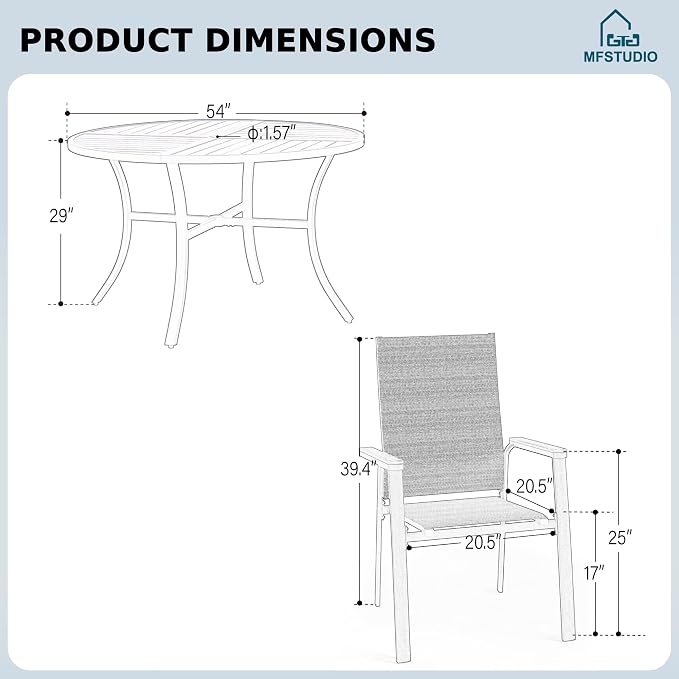 MFSTUDIO 7 PCS Patio Dining Set, 54" Round Table & Aluminum Chairs, Beige | Stackbale chairs, Light-weight & space-saving, Square Table, Umbrella Hole, Patio deck, 6 person