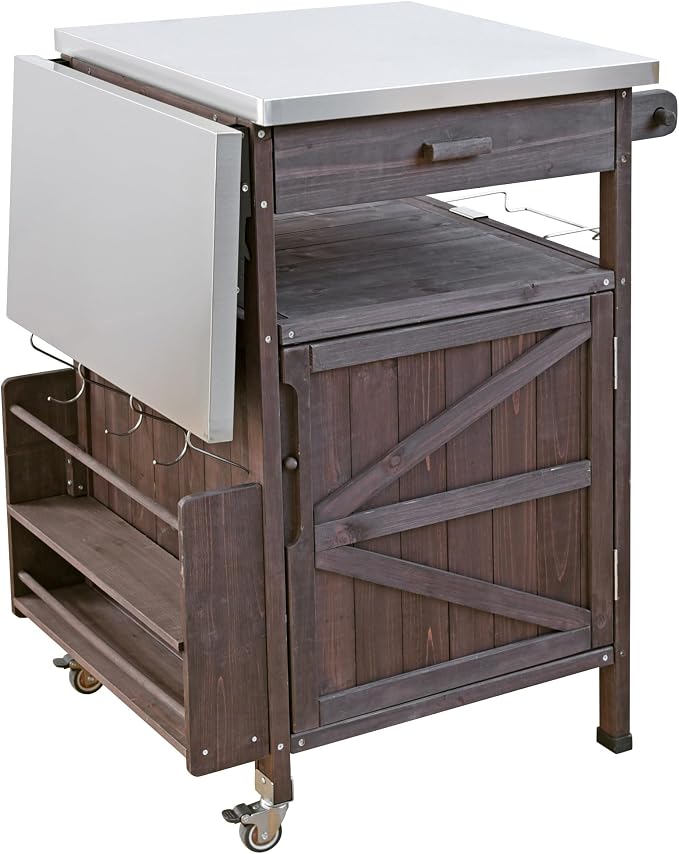 Solid Wood Outdoor Small Grill Table Kitchen Island with Stainless Steel Drop Leaf, Farmhouse Serving Cart with Drawer and Wheels, Outdoor Side Bar Table for Patio, Lawn Garden, Kitchen, Brown