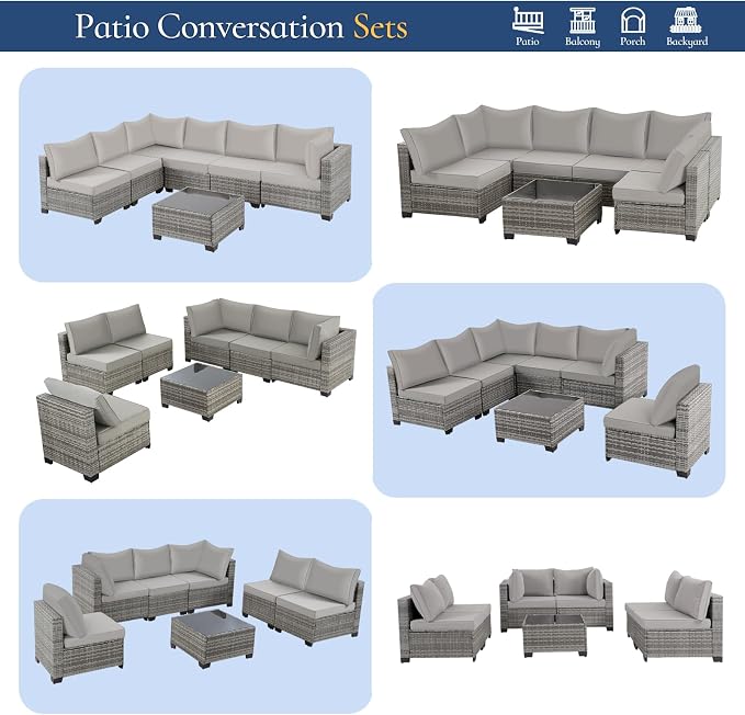 FHFO 7 Piece Outdoor Wicker Patio Furniture Set, Grey-Light Grey | Sectional Sofa | All-Weather Hand-Woven Rattan | Tempered Glass Coffee Table | Free Combination | Indoor & Outdoor Use