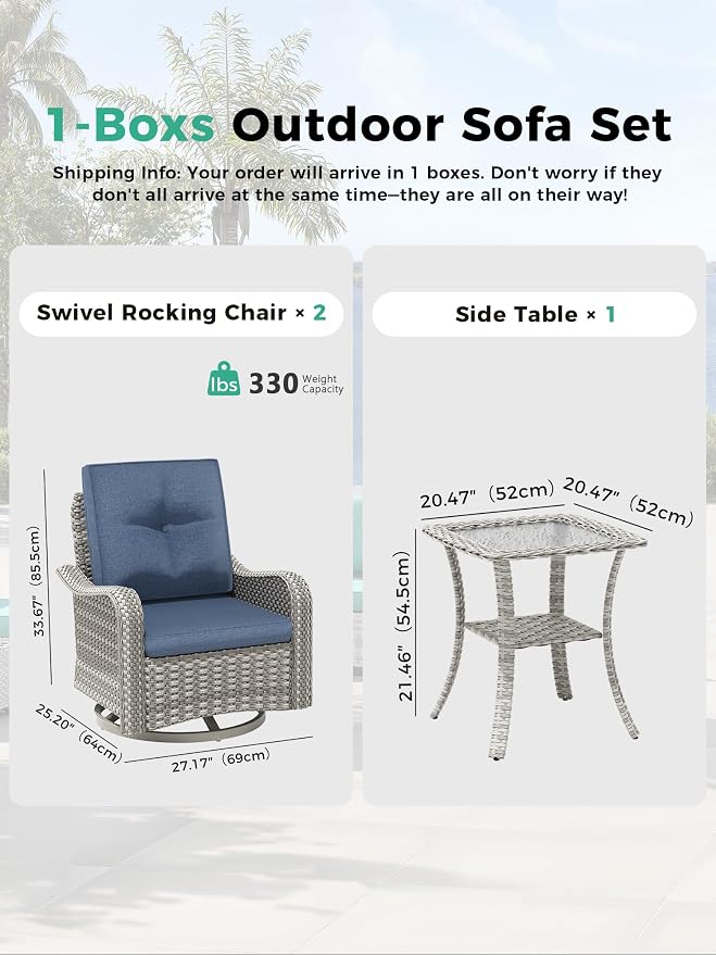 3 Piece Outdoor Patio Furniture Set,High Back Wicker Swivel Rocker Patio Chairs with 4" Thickened Cushions & Coffee Table, All-Weather PE Rattan for Garden, Backyard, Porch, Blue