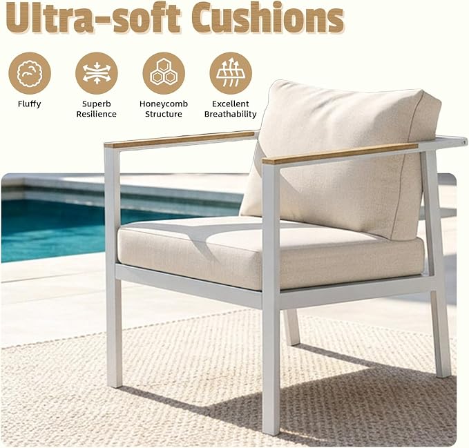 Aug-guan Aluminum Patio Furniture Set 4 Piece, Outdoor Conversation Set with 5" Cushions, Olefin Fabric, Rustproof Frame, Non-Slip Feet, Compact Patio Sofa Set for Balcony, Backyard, Porch,White