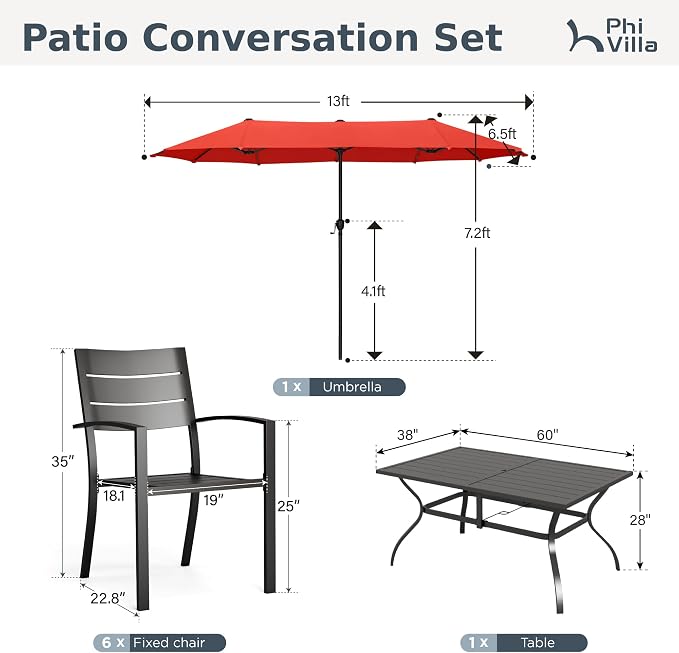 PHI VILLA 7 Pcs Outdoor Dining Set w/Umbrella(Red)&60" Rectangular Table | Metal Table & Stacking Wrought Iron Chairs&13ft Red Umbrella,Outside Large Furniture for Patio,Deck,Porch,Backyard