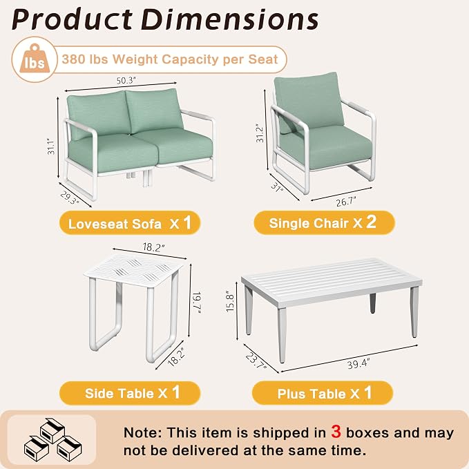 4-Piece Aluminum Patio Conversation Set, Modern Outdoor Sofa with Coffee Table, 6.5" Thick Cushions & All-Weather Rust-Resistant Frame, for Backyard, Poolside, Porch (White)