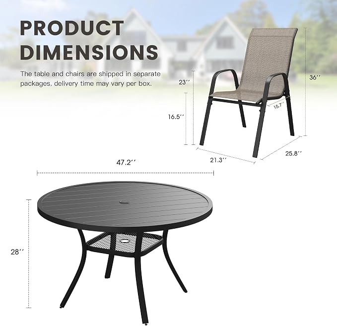 7 Pieces Outdoor Dining Set, 47.2" Round Table with Umbrella Hole & Stackable Patio Dining Chairs, Patio Table and Chairs Set for Deck Garden Porch, Brown Chairs & Black Table