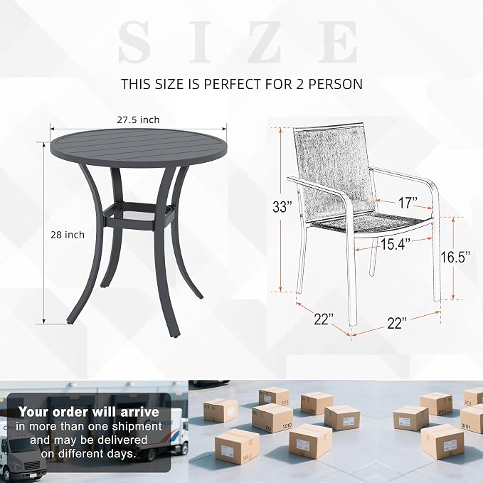 3 Piece 27.5" Outdoor Round Table and Cherry Red Stackable Chairs Small Set | Stackable Chairs, Metal Round Table, Slat Table Top, 2 Person Use, All Weather, Textilene fabric Seat and Back