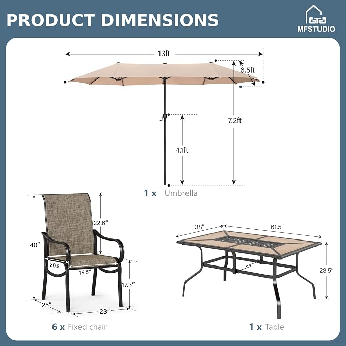 MFSTUDIO Outdoor Dining Set with Umbrella, Patio Dining Set for 6, Outdoor Furniture Set with Rectangular Table & Textilene Chairs & Beige Umbrella (Base not Included)