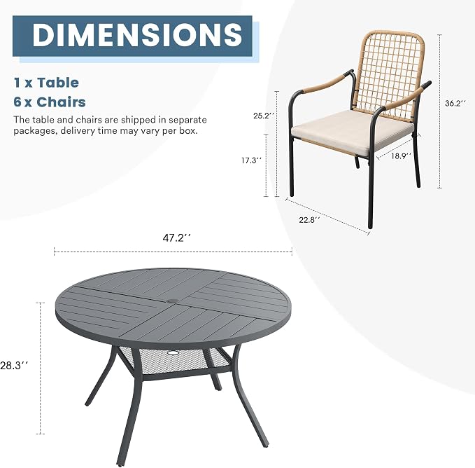DIFY 7 Pieces Outdoor Dining Set, Metal Patio Table and Chairs Set for 6, 47.2" Round Dining Table with Umbrella Hole & Wicker Stackable Patio Chairs with Cushions, Grey Tabletop