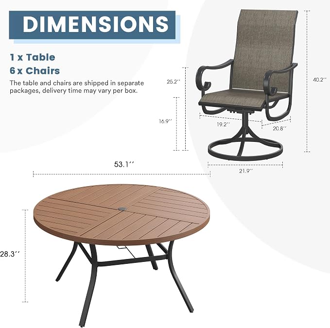DIFY 7 Piece Outdoor Dining Set for 6, 53.1" Walnut Round Metal Dining Table with Umbrella Hole and Swivel Patio Chairs with Brown Textilene Fabric, Patio Table and Chairs Set for Garden Backyard Deck