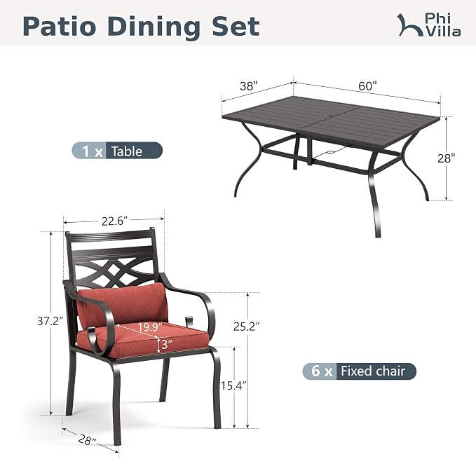 PHI VILLA Patio Dining Set, Metal Table | Metal chairs, Red Cushion, Umbrella Hole, Cushions, E-coated