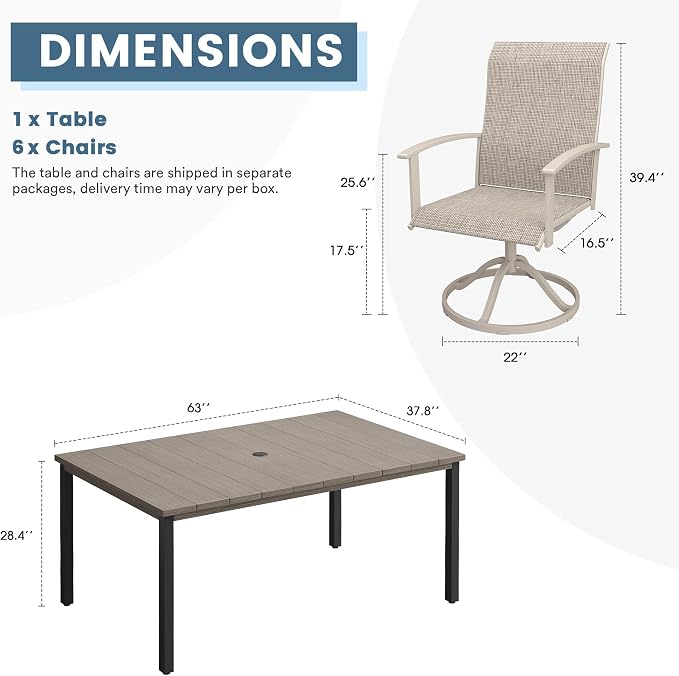 DIFY 7 Pieces Outdoor Dining Set, Metal Patio Table and Chairs Set for 6 with Umbrella Hole, 63" Grey Wood-Like Rectangle Table and Sandshell Textilene Swivel Patio Chairs for Garden, Backyard, Deck
