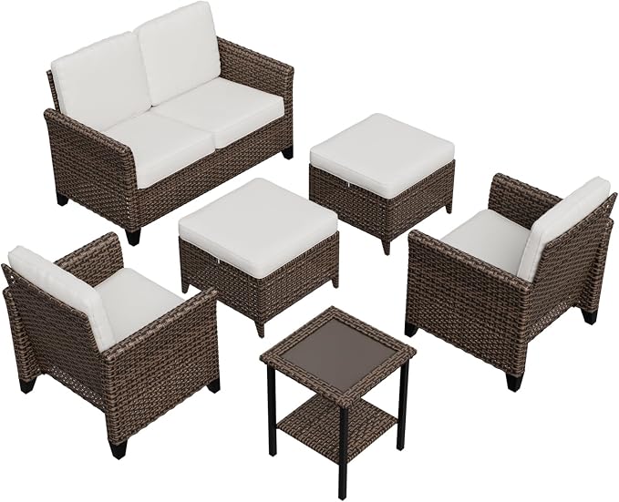COOS BAY Harbor Retreat 6 Piece Outdoor Furniture Set, Patio Conversation Set with Patio Chairs, 2 Seat Loveseat, Side Table and Ottomans, Wicker Furniture, Brown/Beige