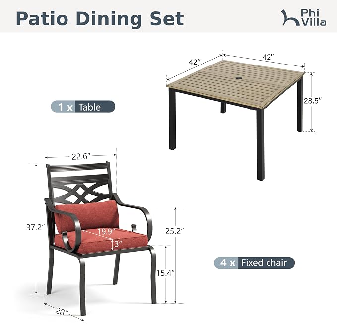 PHI VILLA Patio Dining Set, Square Metal Table | Metal chairs, Red, Umbrella Hole, Cushions, E-coated