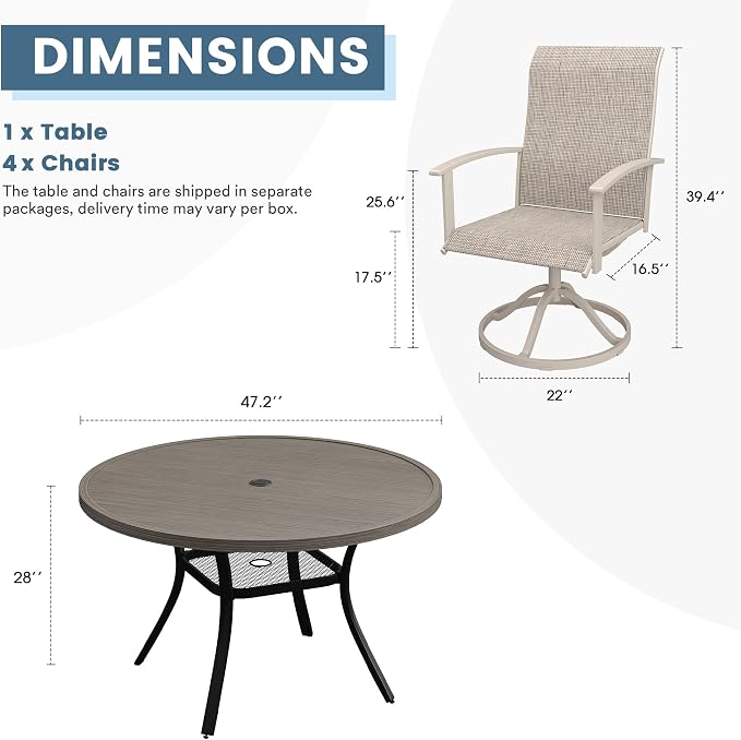 DIFY 5 Pieces Outdoor Dining Set for 4, 47.2" Grey Wood-Like Round Metal Table with Umbrella Hole and Sandshell Textilene Swivel Patio Chairs, Patio Table and Chairs Set for Garden, Backyard, Poolside