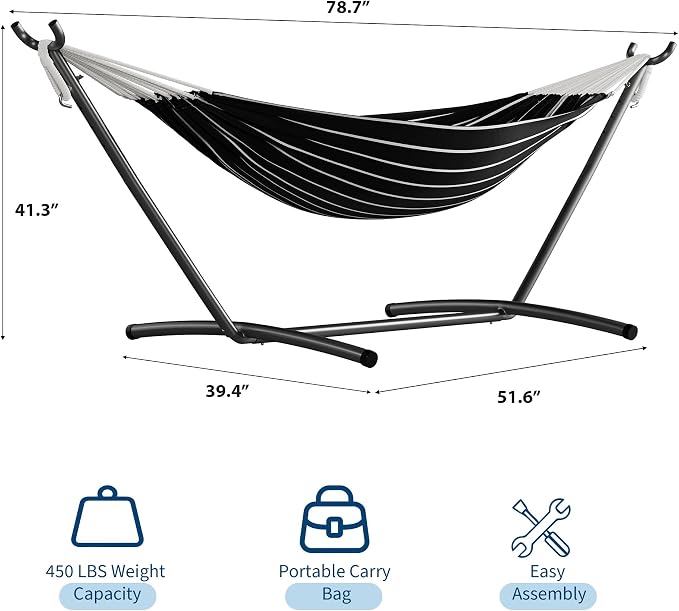 GarveeLife Double 2 Person Hammock, Indoor Outdoor Standing Hammock with Space Saving Steel Stand, Carry Bag, 450 LBS Weight Capacity, Suitable for Garden Camping Beach, Onyx
