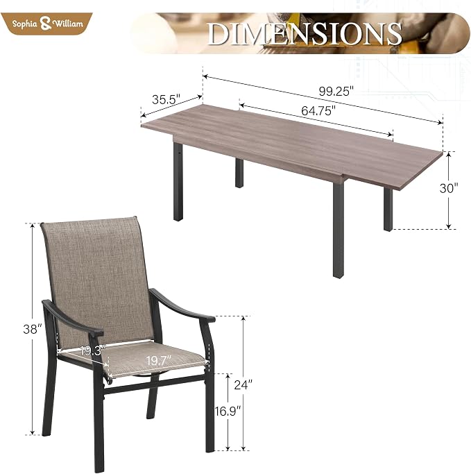 Sophia & William Patio Dining Set for 6, Quick Dry Textilene Chairs and Expandable Wood-Like Table for 6-8, Durable All-Weather Patio Furniture for Lawn, Park, and Courtyard Support 350lbs