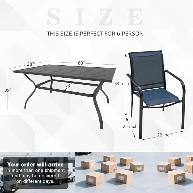 Anmutig 7 Piece Patio Dining Table and Chairs Set with Outdoor 60"x38" Rectangle Dining Table and 6 Blue Stacking Chairs