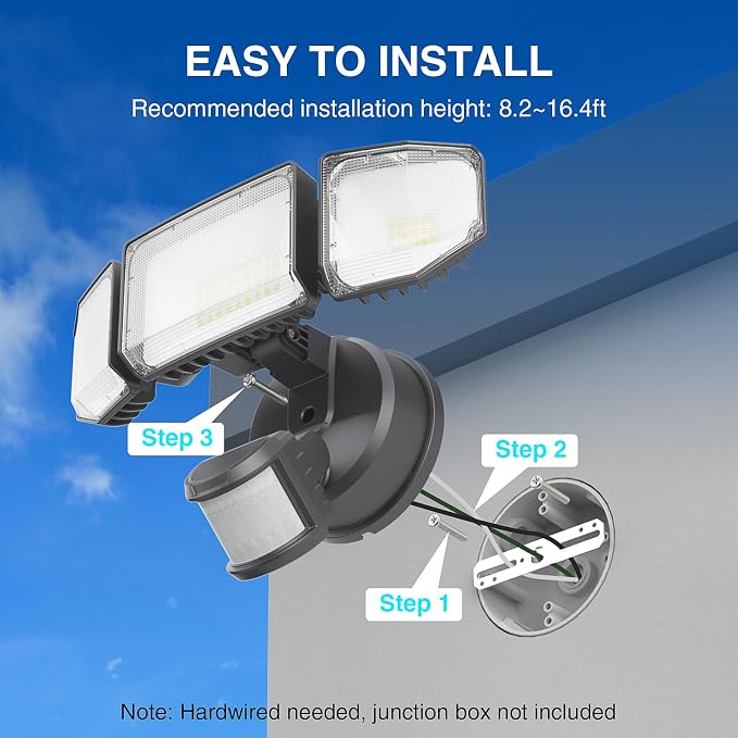 85W Motion Sensor Outdoor Light, 8500LM Ultra-Bright LED Security Light with 3 Adjustable Heads, IP65 Waterproof Dusk to Dawn Flood Light for Garage, Yard, and Driveway, 6500K Daylight, Black