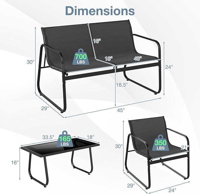 HAPPYGRILL 4 Pieces Patio Conversation Set, Fabric Lawn Chairs and Loveseat with Tempered Glass Coffee Table, Heavy Duty Metal Frame, Outdoor Furniture Set for Porch, Garden and Poolside
