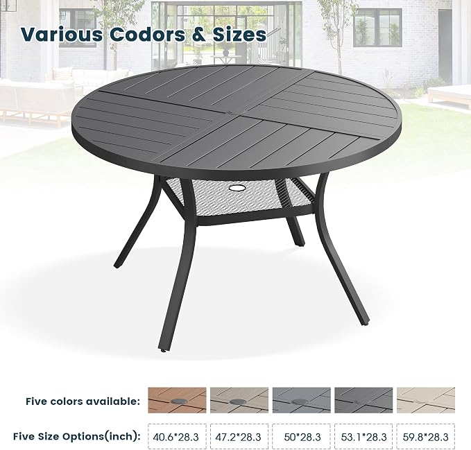 Patio Dining Table for 4, Round Metal Outdoor Table with Storage Shelf, 1.57" Umbrella Hole, 41" Outdoor Quartered Tabletop Dining Table for Backyard, Porch, Lawn, Black