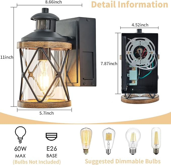 Dusk to Dawn Motion Sensor Outdoor Porch Light with GFCI Outlet,3 Lighting Modes Anti-Rust Waterproof Industrial Outdoor Lantern,Exterior Work lights Rustic Wood-Like Finish Wall Light (Brown, 1 Pack)