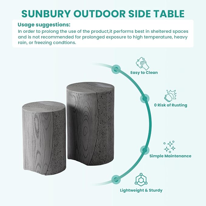 SUNBURY Outdoor Side Table, Set of 2 Round Concrete Side Table Nesting for Patio, Outdoor Decorative Accent End Table in Wooden Pattern, Ceramic Garden Stool for Yard, Pool, Grey