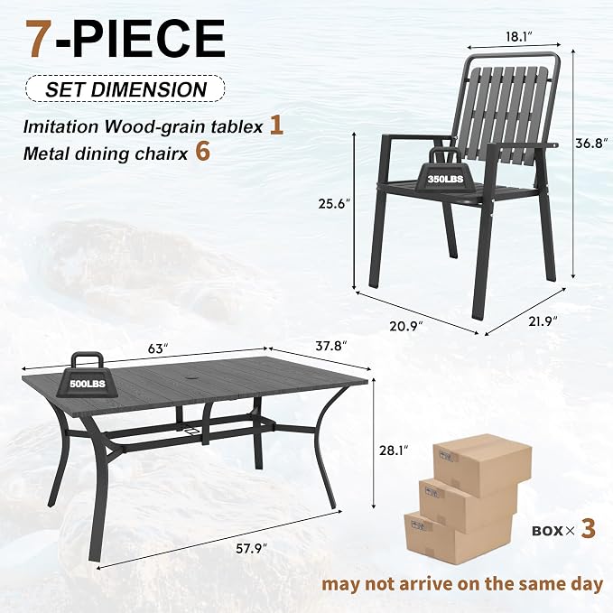 Outdoor Dining Set for 6, Patio Table and Chairs Set with 1.97'' Umbrella Hole, 7pcs Patio Furniture Set 63”x37.8'' Dining Table Set for Porch Deck Backyard Pool
