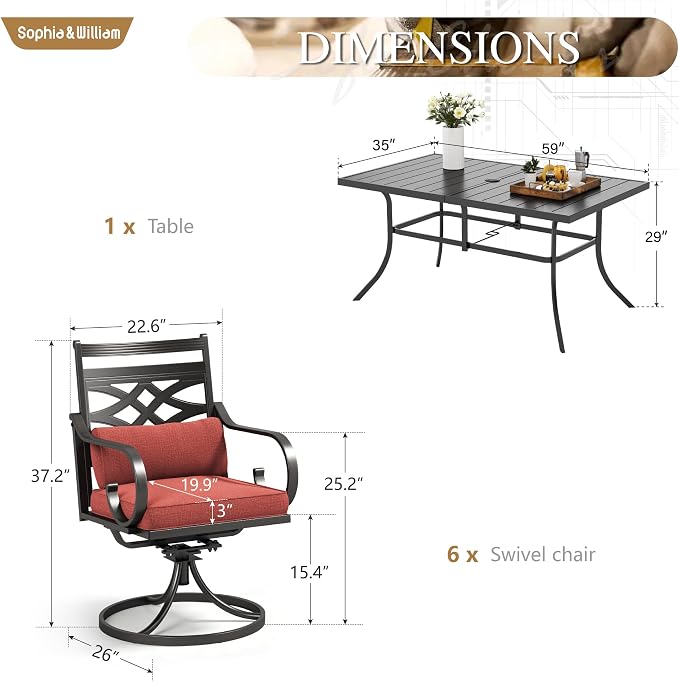 Sophia & William Patio Dining Set, Steel, Red | Umbrella Hole, Swivel Chairs, E-Coated, Cushions Included, For Patio, Garden and Yard