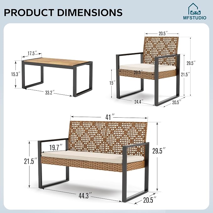 MFSTUDIO 4 Pieces Outdoor Patio Furniture Set, Outdoor Small Brown Rattan Sofa with Acacia Wood Table & Chairs, Patio Loveseat Furniture Set for 4, Beige