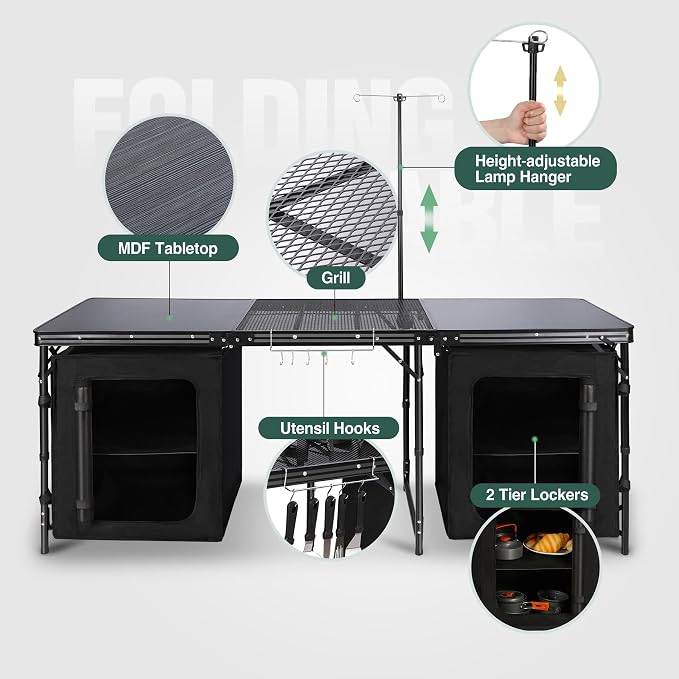 REDCAMP 6 ft Portable Camping Kitchen Table, Tri-fold Camping Grill Table Cook Station with Storage Organizer and Telescoping Light Stand for BBQ, Party and Picnic
