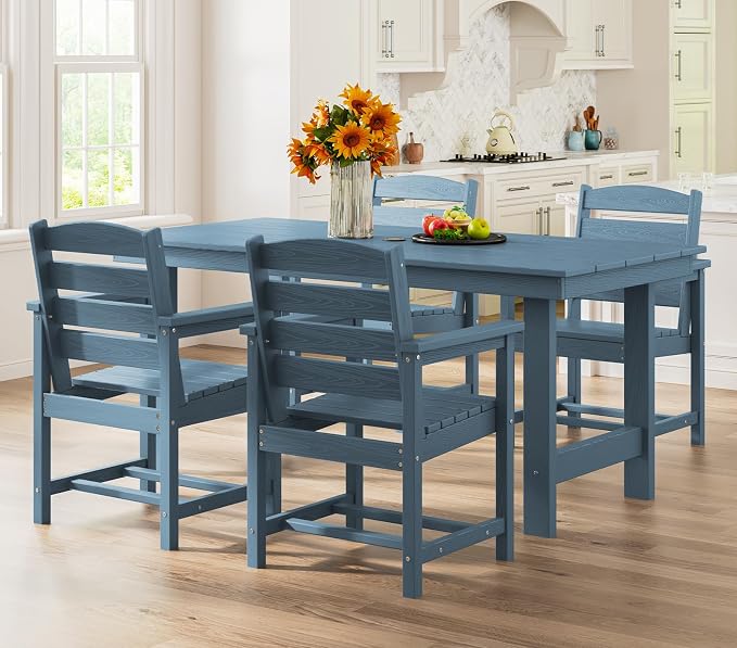 SERWALL 5 Pcs HDPE Patio Dining Set w/Umbrella Hole Table & 4 Chairs, Blue | HDPE Outdoor Dining Set with Rectangular Table & 4 Chairs, All-Weather Patio Dining Furniture