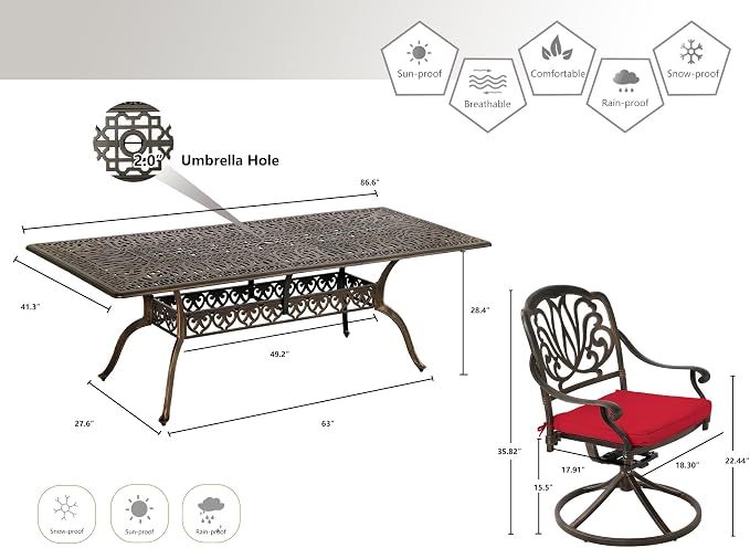Grepatio 9 Piece Cast Aluminum Patio Furniture Set Outdoor Dining Set Bistro Furniture Set with 6 Chairs 2 Swivel and Dining Table with Umbrella Hole, 8 Cushions for Backyard Garden (Red)