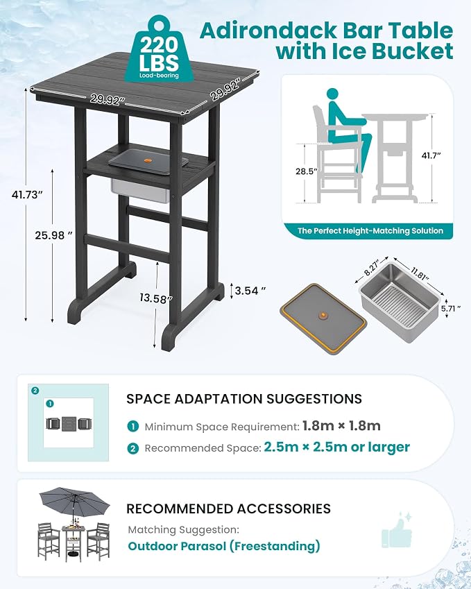 SERWALL HDPE 41.7'' Bar Table with Ice Bucket, Bar Height Table with Ice Bucket, 30'' x 30'' Square Bar Tables Bistro, Poolside, Backyard, Grey
