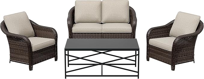 4 Pieces Outdoor Conversation Furniture Set, 55" Patio Couch,47" Metal Coffee Table, 2 Chairs, Rattan Wicker Sofa with Removable Cushions for Bistro, Deck (Beige)