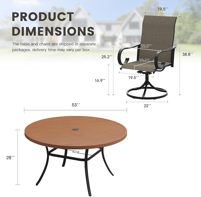 7 Pieces Patio Dining Set, 6 Outdoor Swivel Dining Chairs with 50" Round Metal Outdoor Dining Table with Umbrella Hole for Garden Backyard Deck, Mixed Brown & Walnut